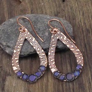 Purple Crystal Teardrop Hoop Embossed Copper Earrings